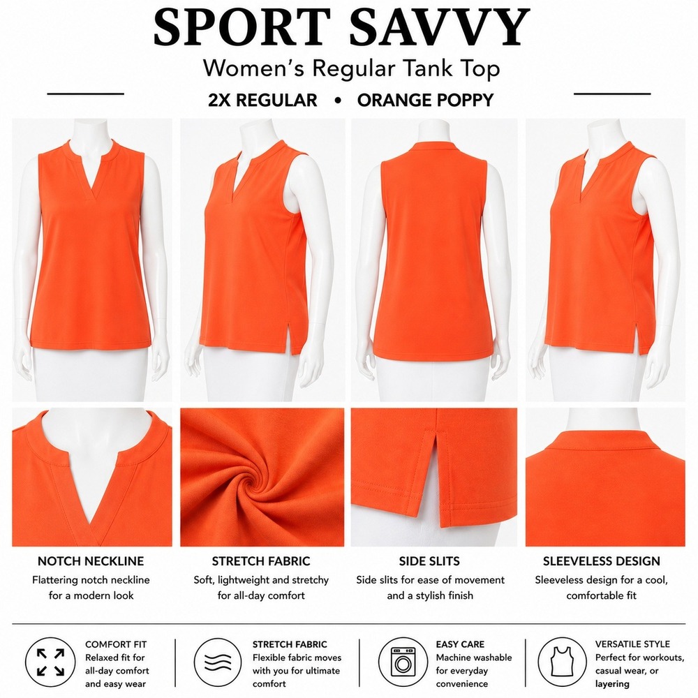 Sport Savvy Womens Orange Poppy Notch Neck Tank‎ Top Side Slits Stretch A648401